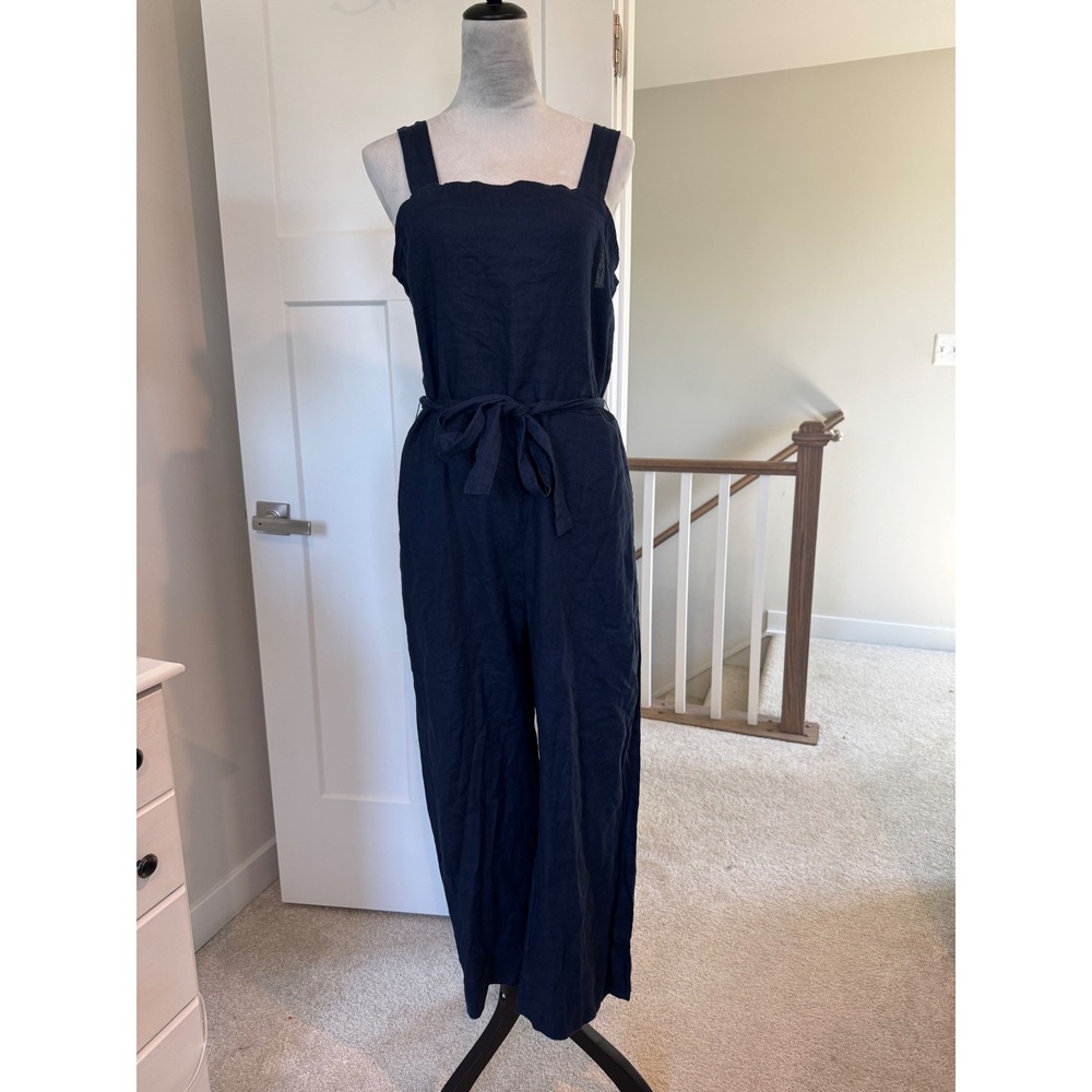 Quince 100% European Linen Square Neck Wide Leg Jumpsuit Navy Blue NWT